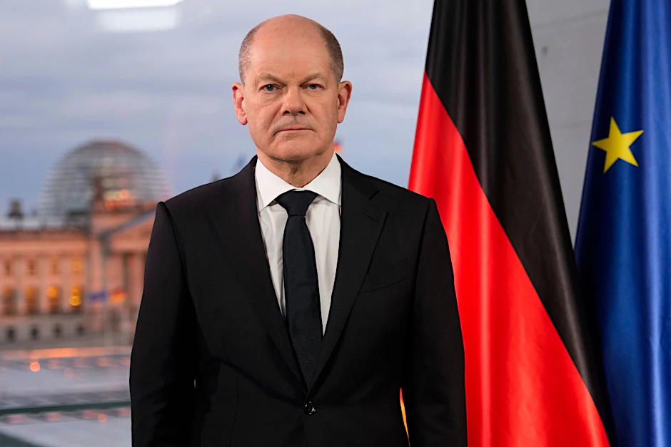 Olaf Scholz bei der Aufzeichnung einer Fernsehansprache im Februar.