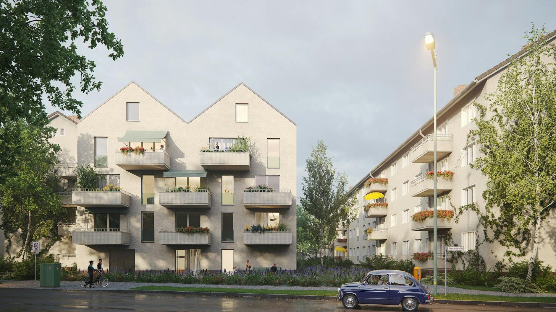 Blick in die Zukunft: Manche der Neubauten sollen wie hier im Bild quer zur Straße an die Zeilenbauten aus den 50er-Jahren angebaut werden.