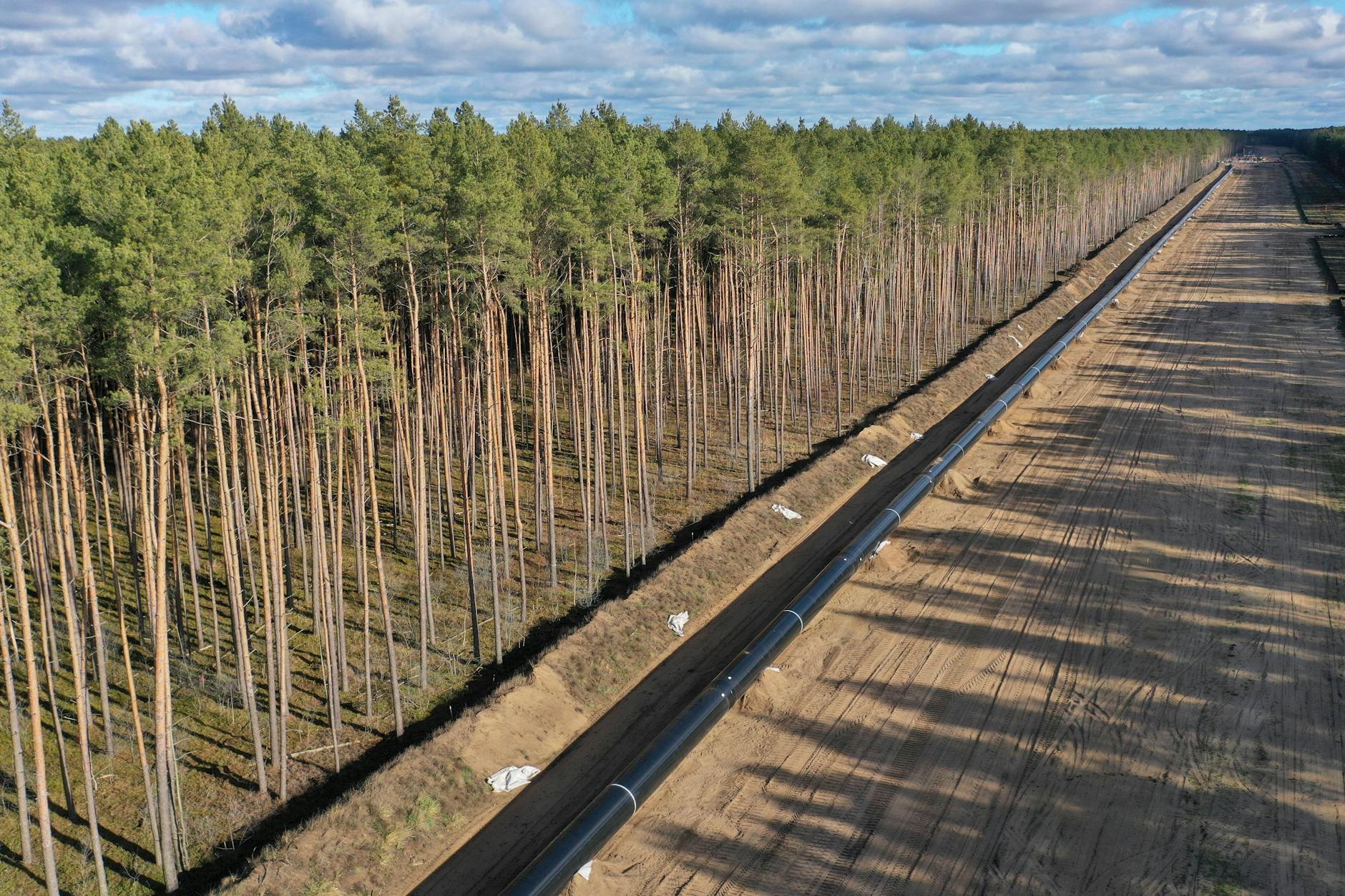 Ein Blick auf die Baustelle der EUGAL-Trasse in einem Waldgelände bei Grünheide, Brandenburg.