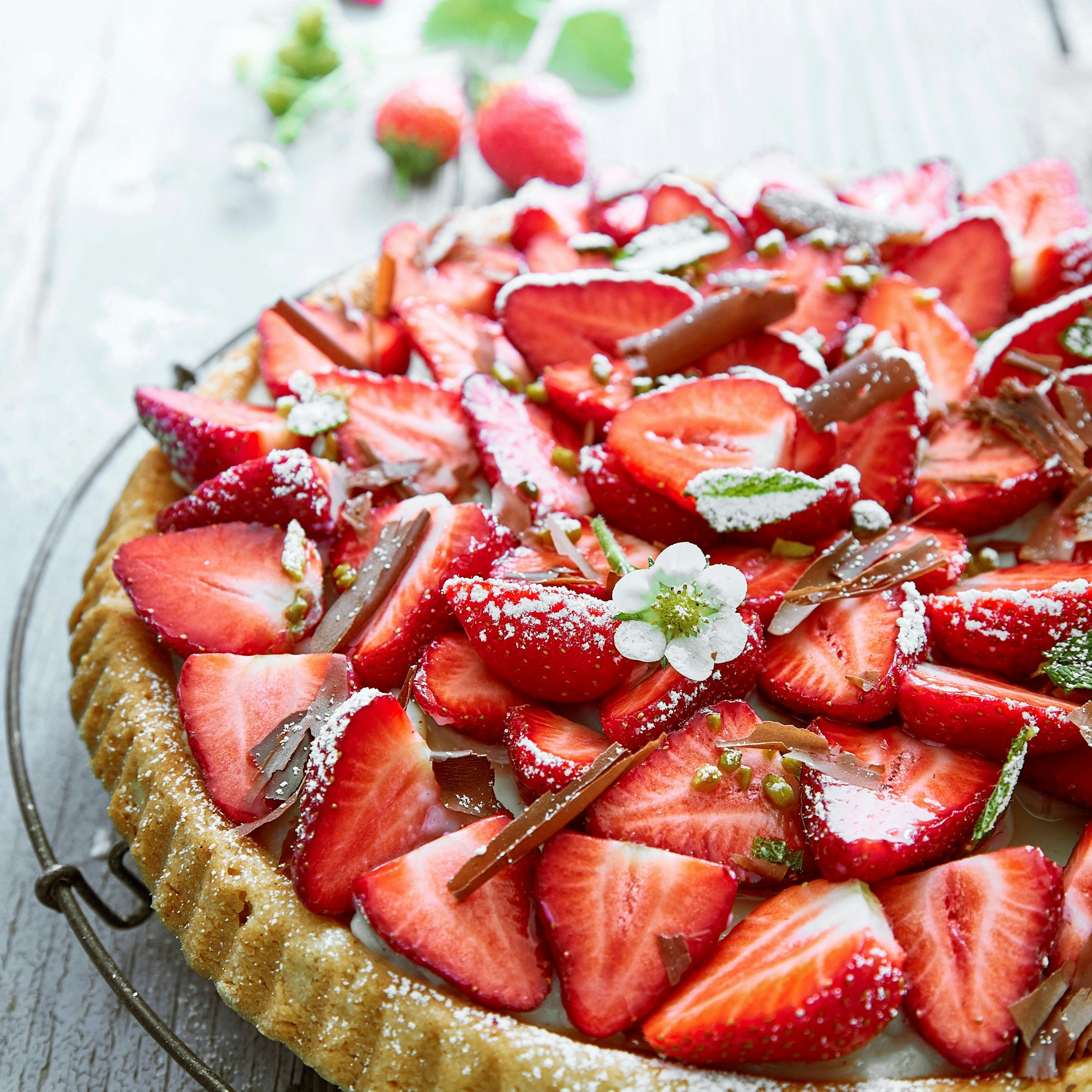 Der köstliche Erdbeerkuchen mit halbierten Erdbeeren macht auf jeder Kaffeetafel richtig was her.