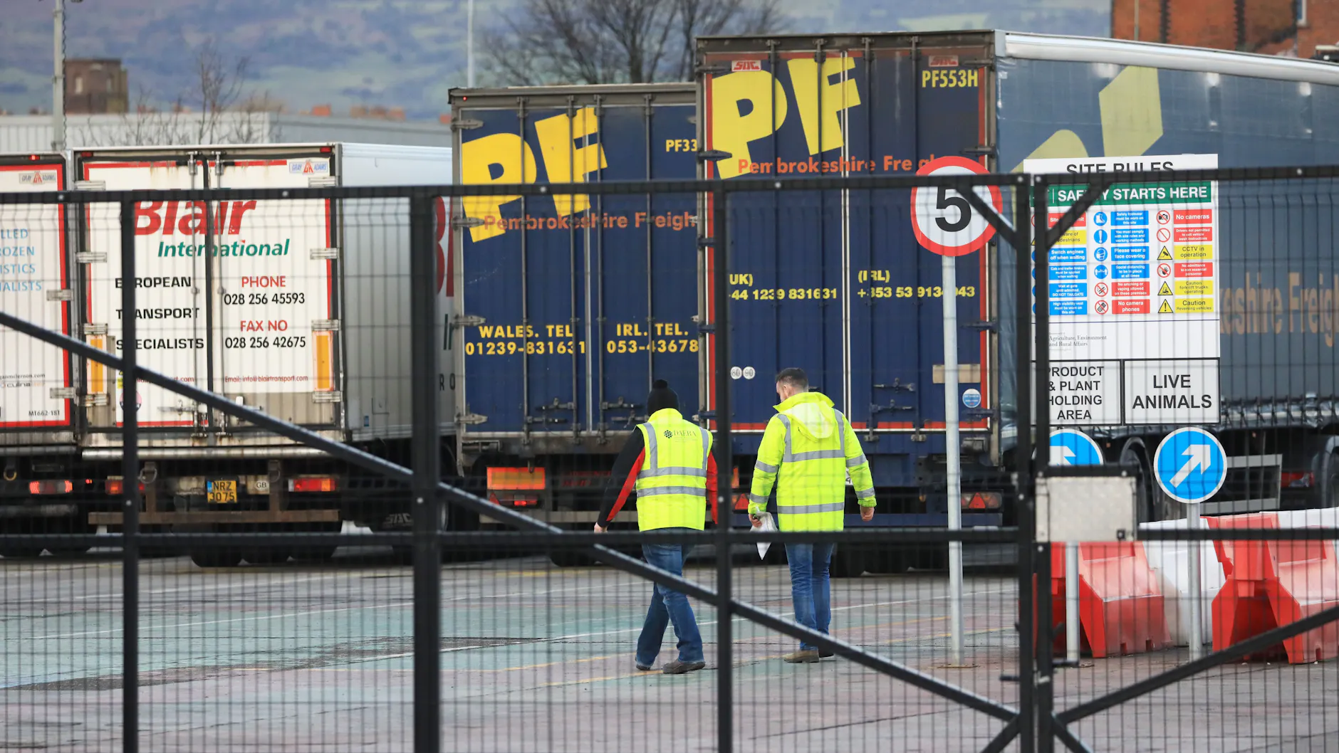 Schwerlastkraftwagen warten in der Kontrollstelle an den Belfaster Docks auf ihre Überprüfung.