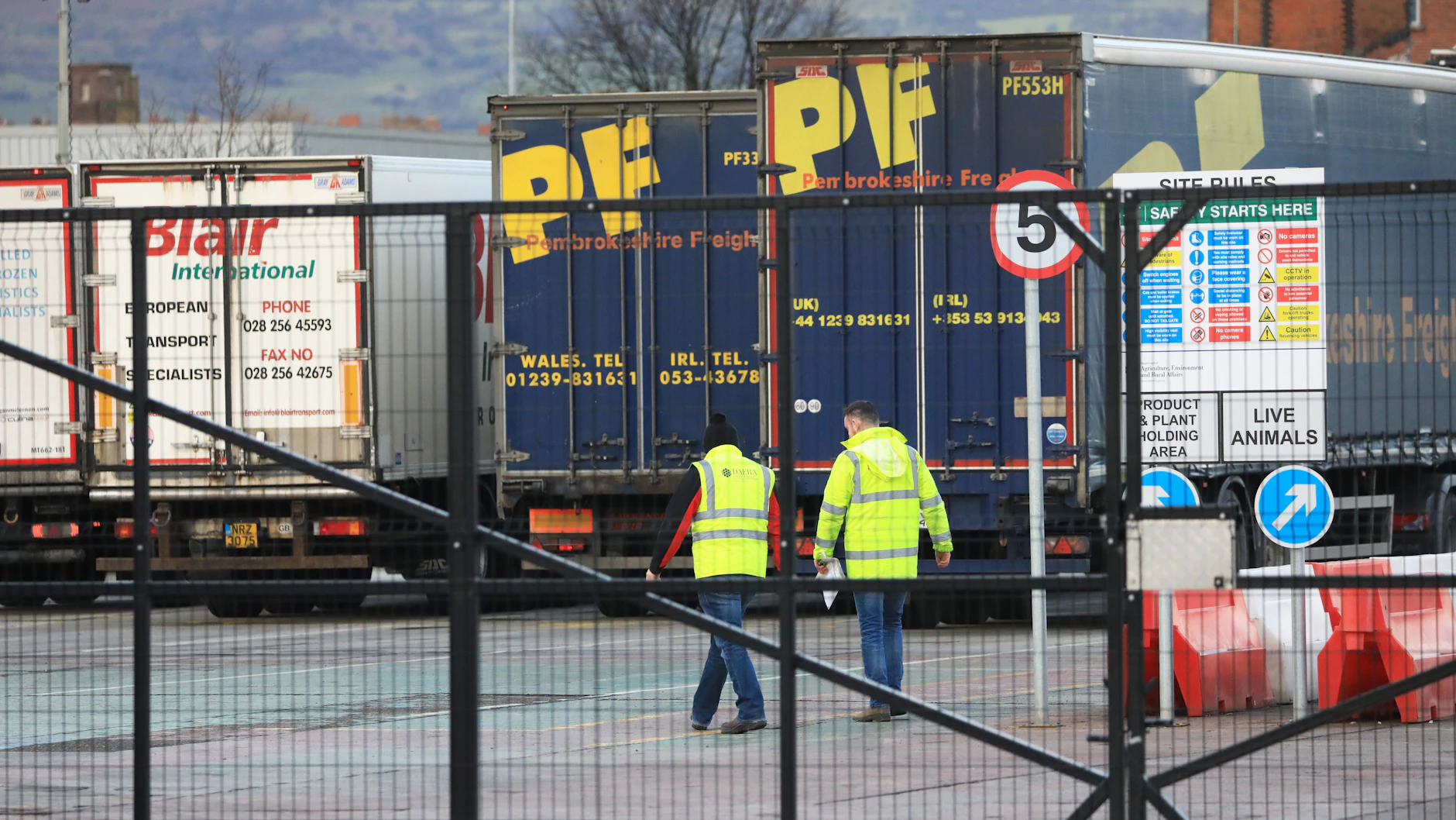 Schwerlastkraftwagen warten in der Kontrollstelle an den Belfaster Docks auf ihre Überprüfung.