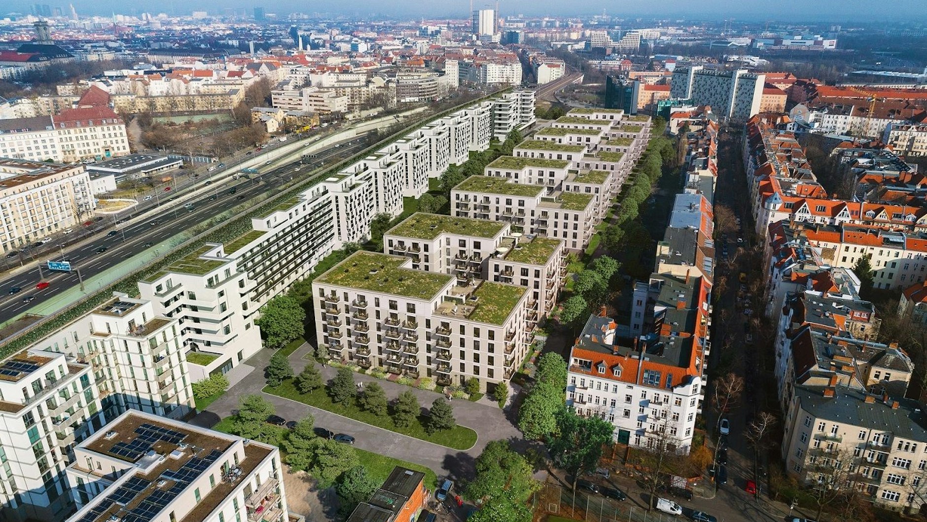 Zukunftsvision: So soll das Stadtquartier aussehen. Ein Wohnriegel, hier links im Bild, soll das Viertel zur S-Bahn und zur Stadtautobahn abschirmen.