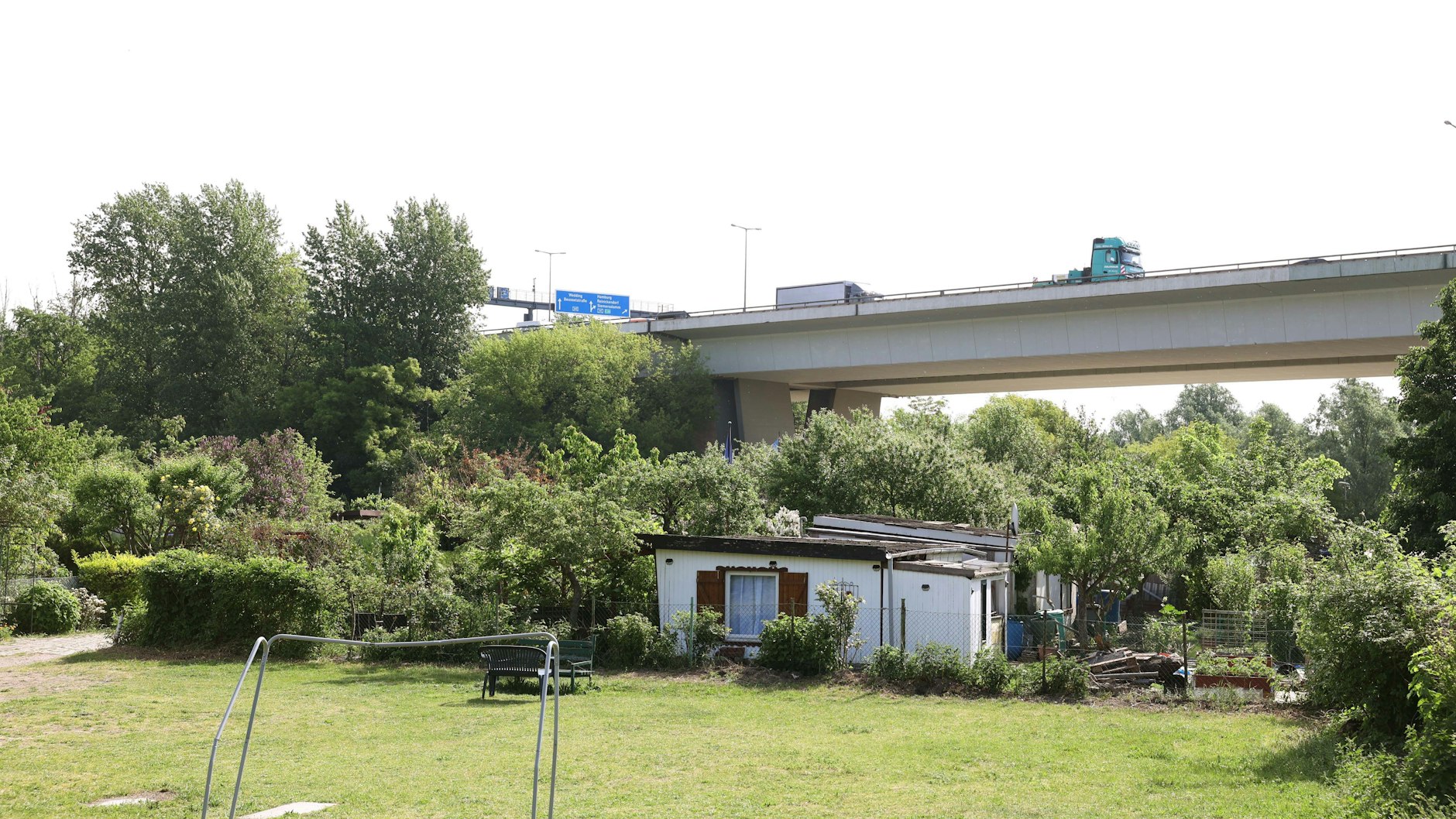 Fahrzeuge über Fliederbüschen. Die Kleingärtner an der Rudolf-Wissellbrücke haben ihren Frieden mit dem Lärm der Maschinen gemacht.