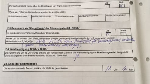 „14.15 bis 15.35 Uhr, Keine Stimmzettel für die Bundestagswahl vorhanden (deshalb unterbrochener Wahlvorgang).“