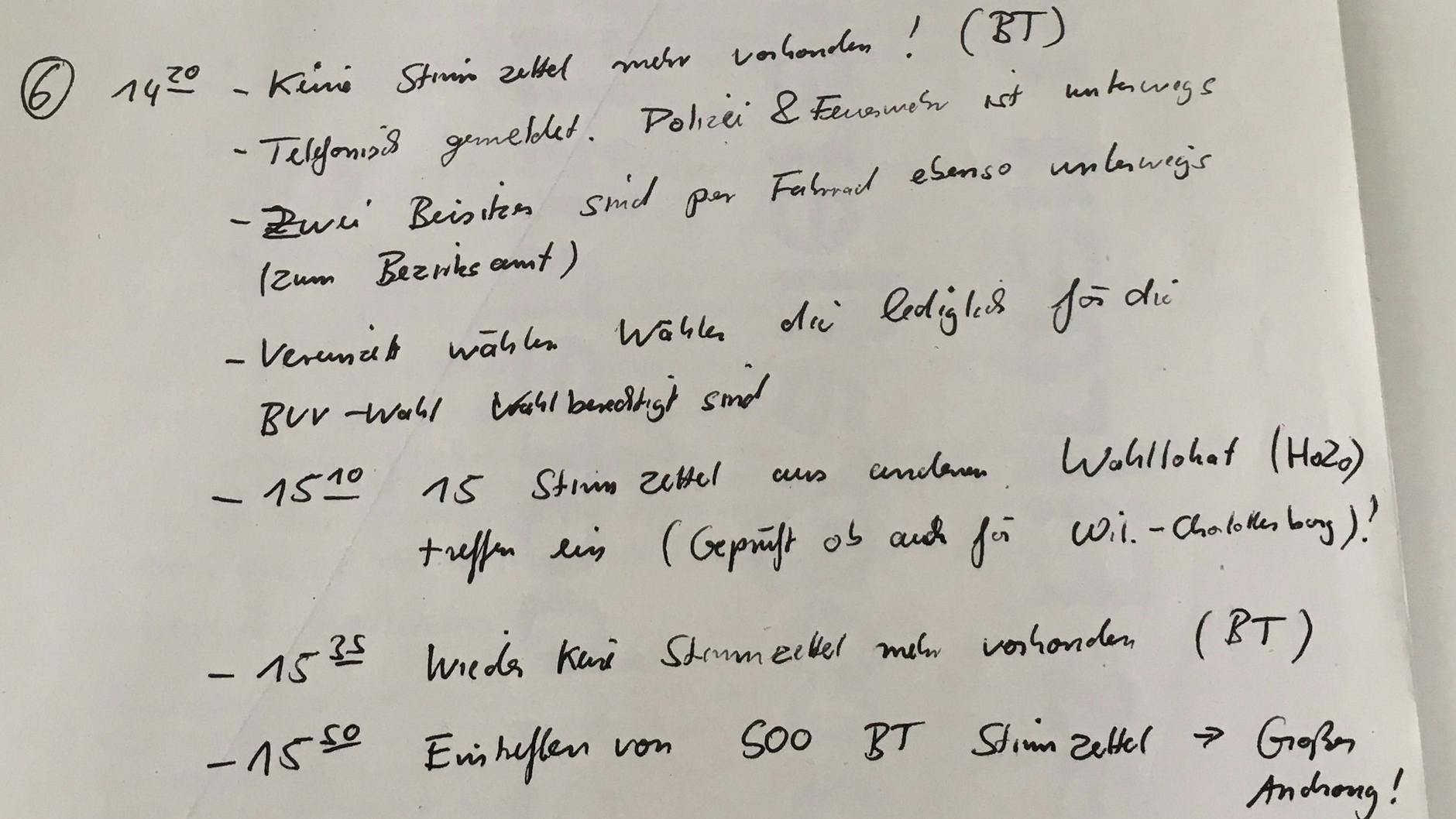 Protokoll des Versagens im Charlottenburger Wahlkreis 720: „14.20 – Keine Stimmzettel mehr vorhanden!“