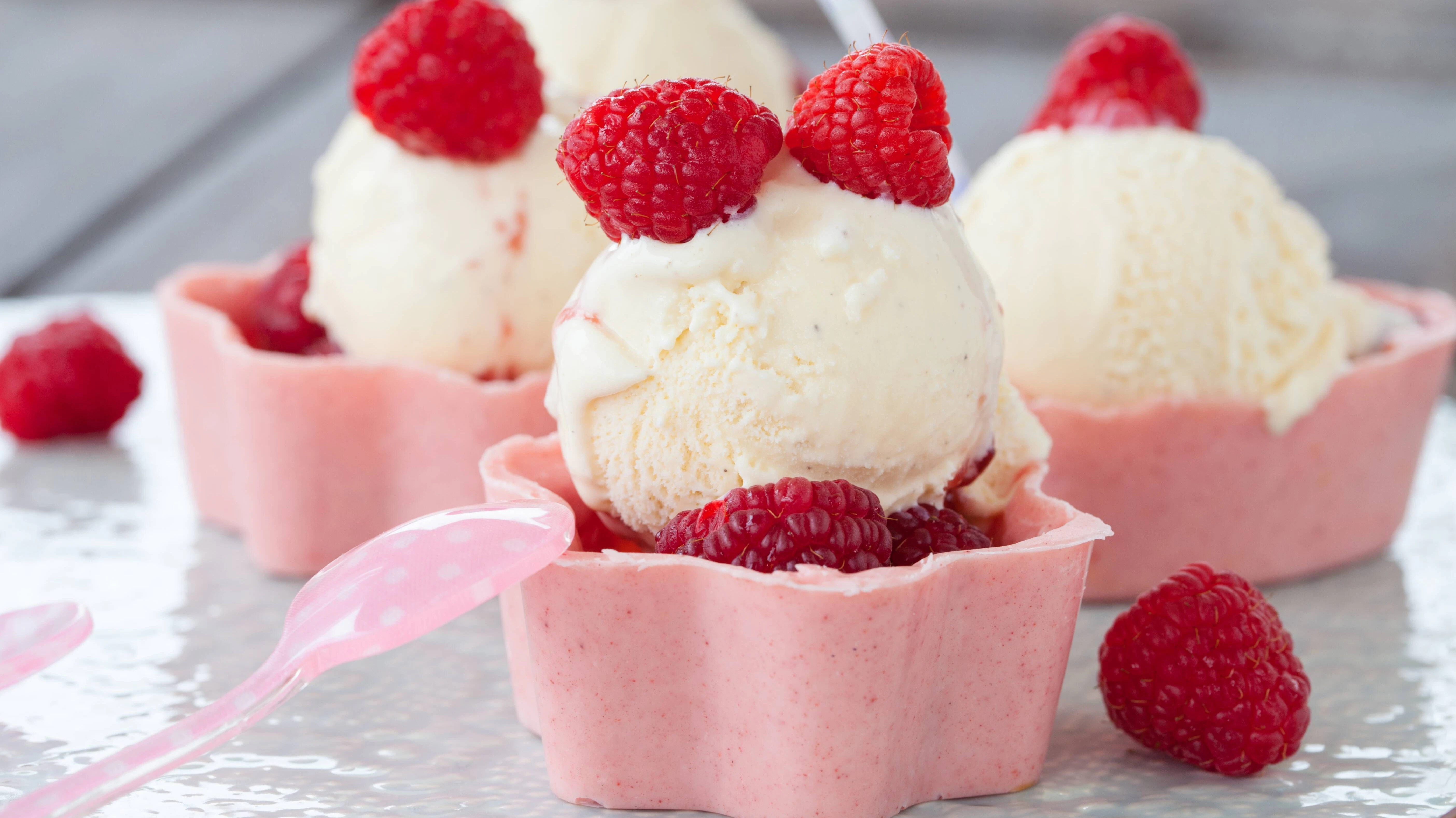 Das selbstgemachte Vanilleeis kann man etwa mit süßen Himbeeren servieren.
