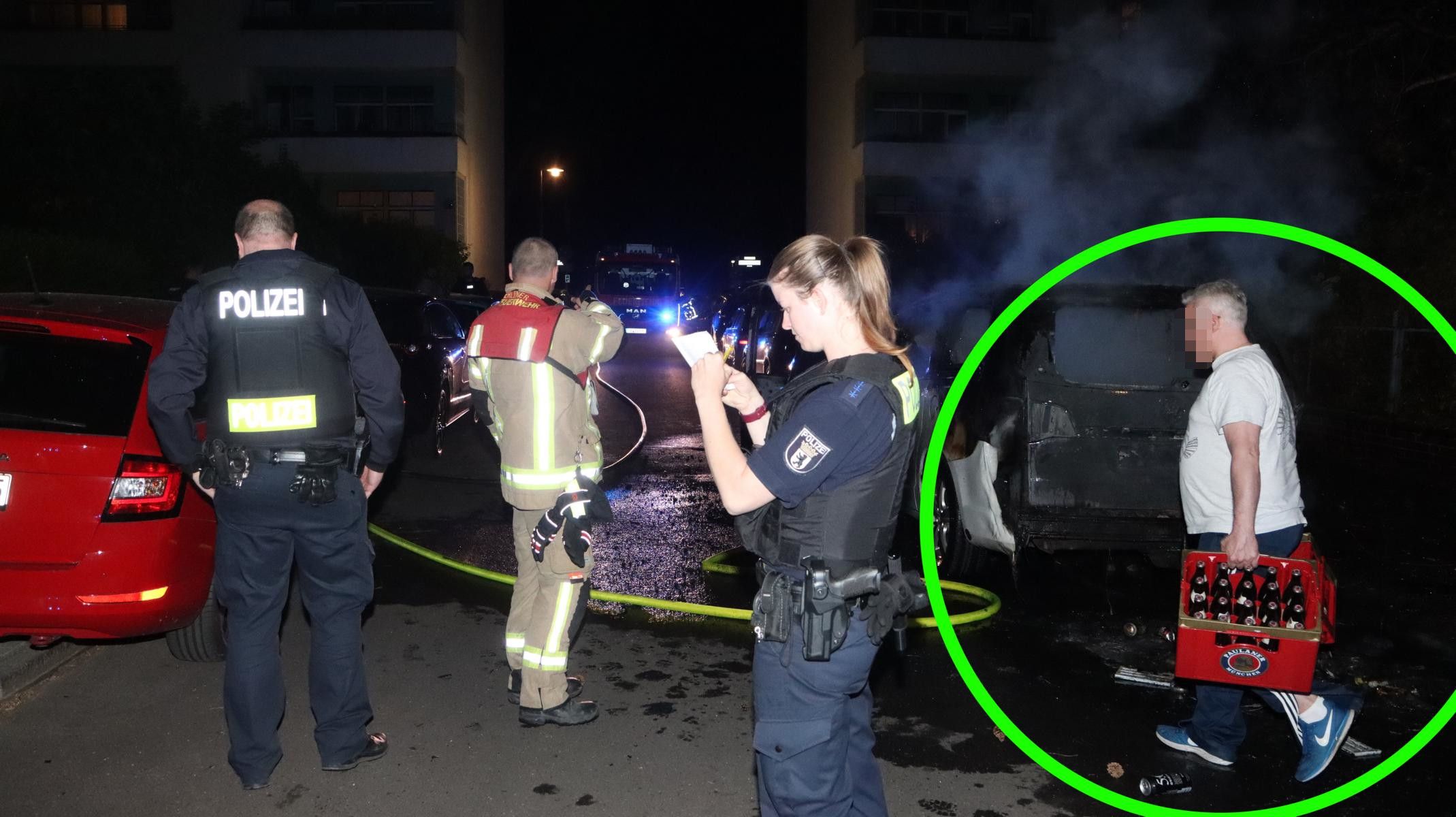 Irre Szene in Berlin-Britz: Auto komplett ausgebrannt, zwei Kisten Bier gerettet!