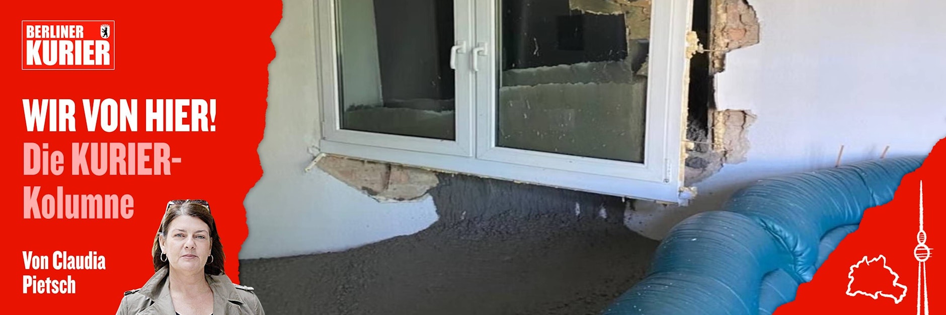 Flüssiger Beton läuft von der Baustelle in unmittelbarer Nachbarschaft durch das aus der Wand gerissene Fenster ins Zimmer.