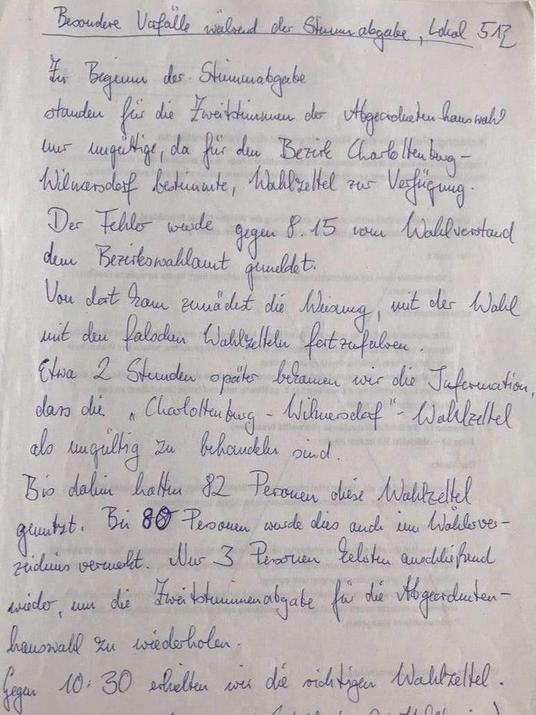 Ein Vermerk aus einem Friedrichshainer Wahllokal
