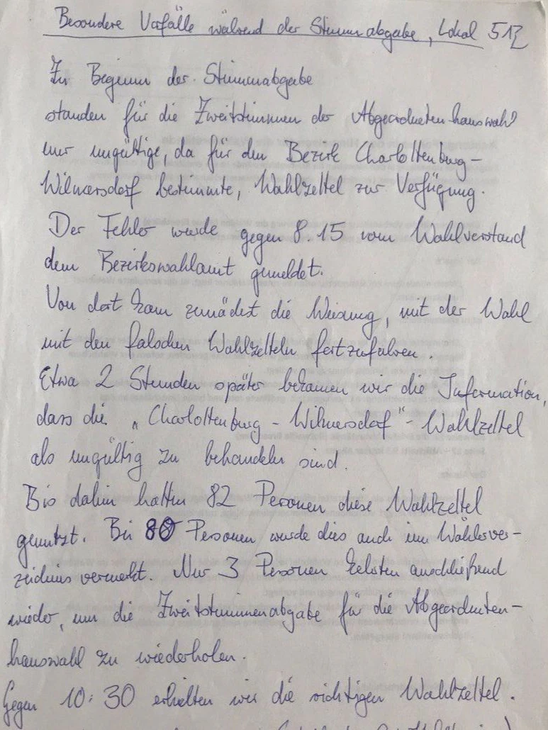 Ein Vermerk aus einem Friedrichshainer Wahllokal