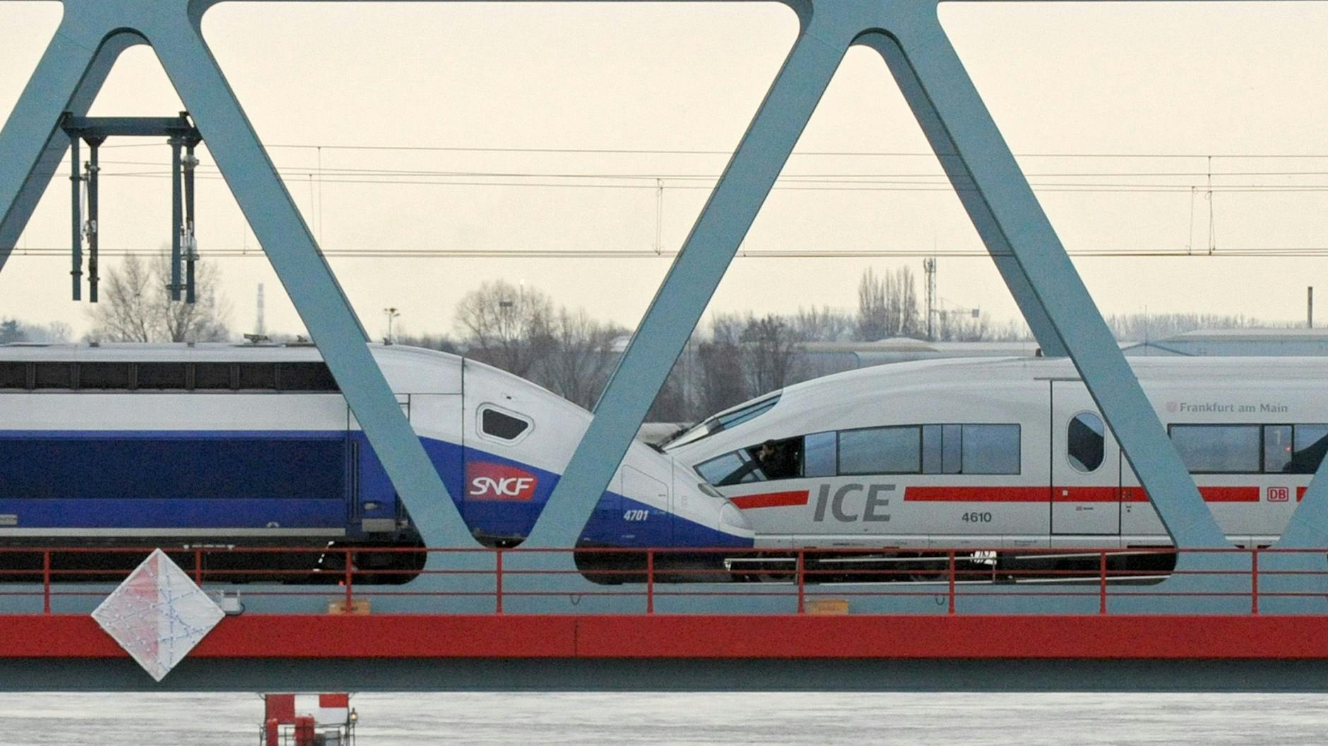 Ein TGV und ein ICE stehen auf einer Rheinbrücke.