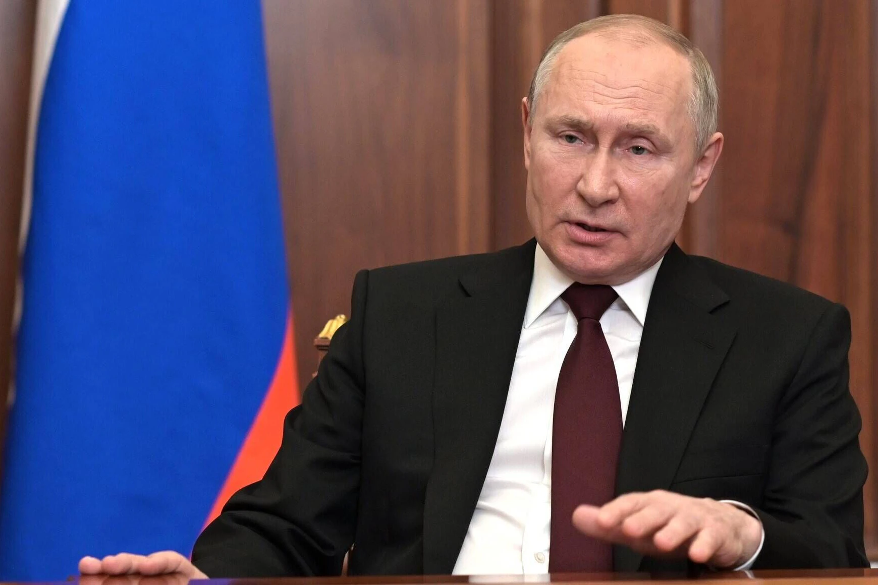 Präsident Wladimir Putin spricht vor der Nation über die Anerkennung der Unabhängigkeit der Volksrepubliken Donezk und Lugansk.