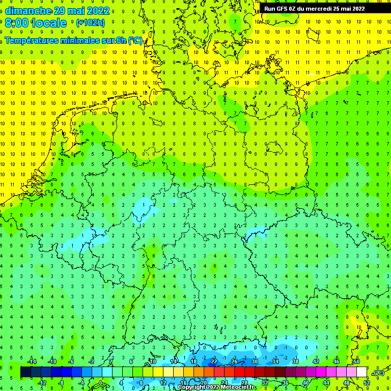 Frühwerte am Sonntagmorgen: In 2 Meter Messhöhe liegen die Werte teilweise nur um 1 bis 5 Grad. Direkt am Erdboden ist sogar Bodenfrost noch mal ein Thema!