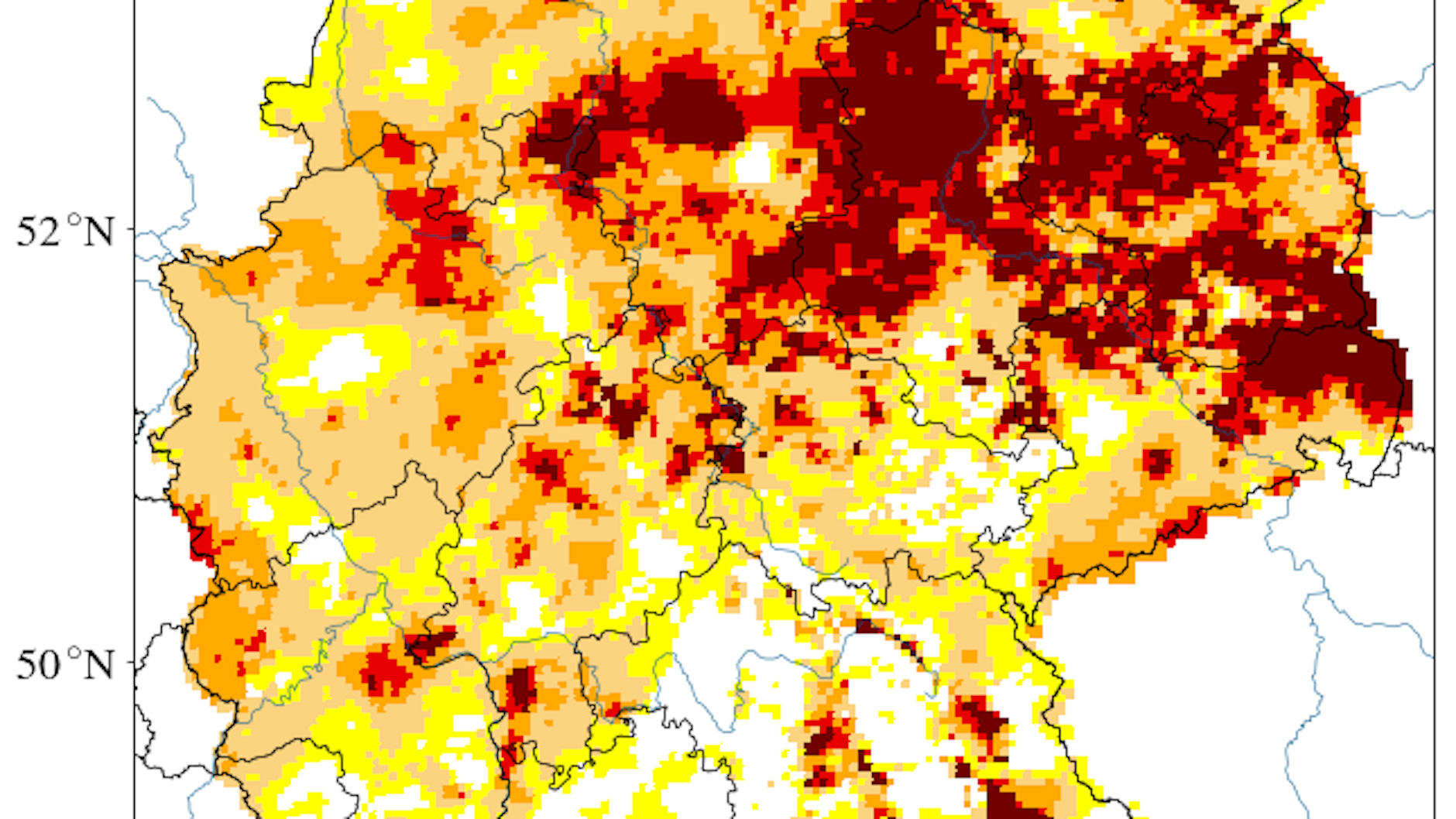 Diese Karte sagt alles! Sie kommt vom Helmholtz-Zentrum für Umweltforschung und zeigt die Trockenheit in Bodenschichten bis 1,8 Meter Tiefe.