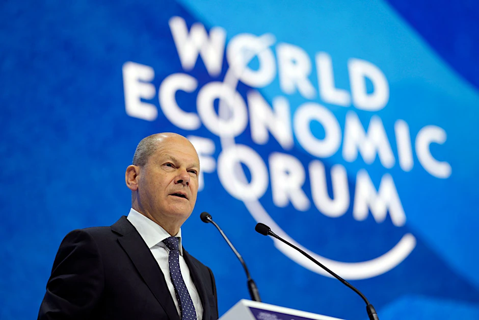 Bundeskanzler Olaf Scholz während seiner Rede auf dem Weltwirtschaftsforum in Davos.
