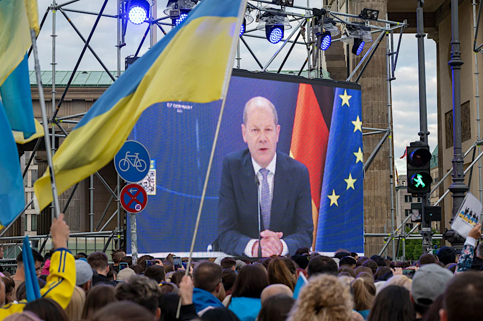 Olaf Scholz sicherte der Ukraine in einem Grußwort die Solidarität Deutschlands zu.