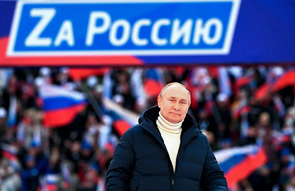 Wladimir Putin am 18. März bei seiner Rede auf dem Konzert zum achten Jahrestag des Referendums über den Status der Krim und Sewastopols und ihre Wiedervereinigung mit Russland.