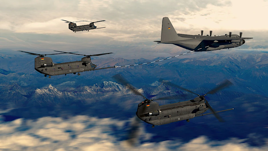 HANDOUT - Drei Transporthubschrauber des Typs Chinook CH-47F werden von einem Tankflugzeug der Luftwaffe betankt (Visualisierung von Boeing).  a