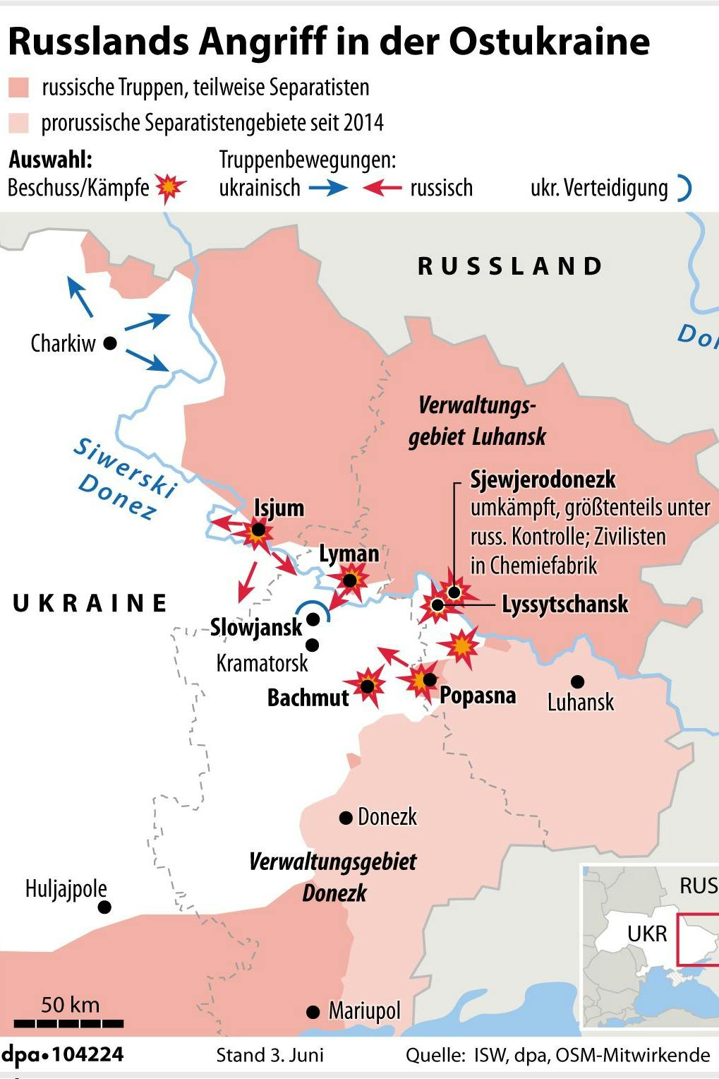 Die Grafik zeigt Russlands Vorstoß in der Ostukraine