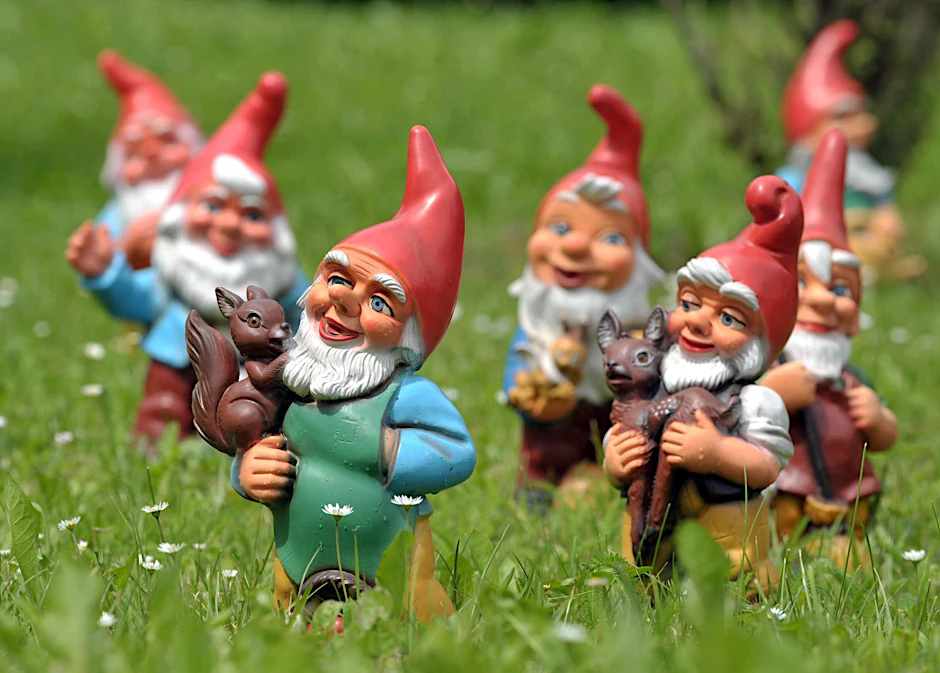 Spießige Bande: Gartenzwerge auf einer Wiese in Süddeutschland.