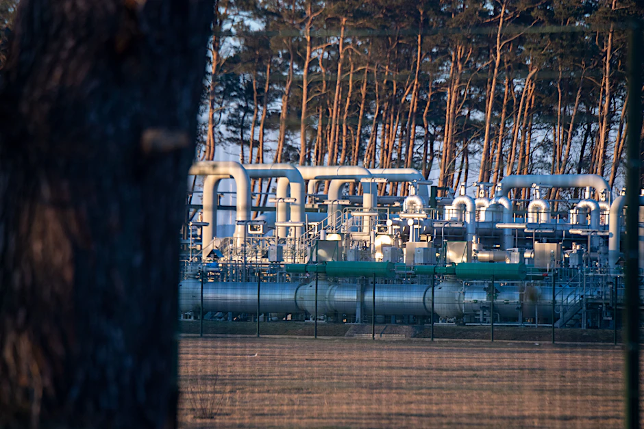 Blick auf Rohrsysteme und Absperrvorrichtungen in der Gasempfangsstation der Ostseepipeline Nord Stream 1.