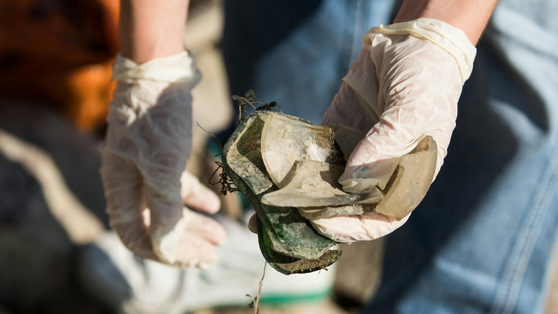 Eine Ehrenamtliche sammelt bei der Umweltinitiative „Rhein Cleanup“ am Rheinufer Müll.