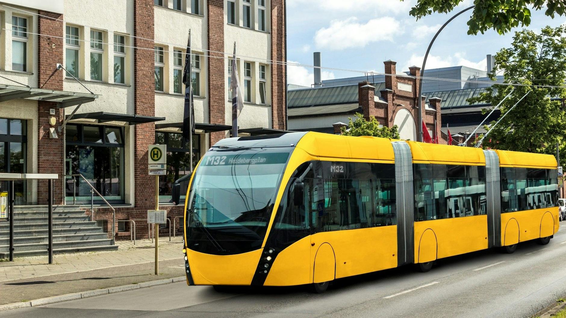 Ein ganz großer Gelber unterwegs auf der Linie M32 in Spandau. Die Visualisierung zeigt einen Doppelgelenkbus, der auf der Strecke nach Staaken künftig eingesetzt werden könnte. Er hat einen Stromabnehmer und ist als O-Bus unterwegs – es ginge aber auch anders, heißt es jetzt.