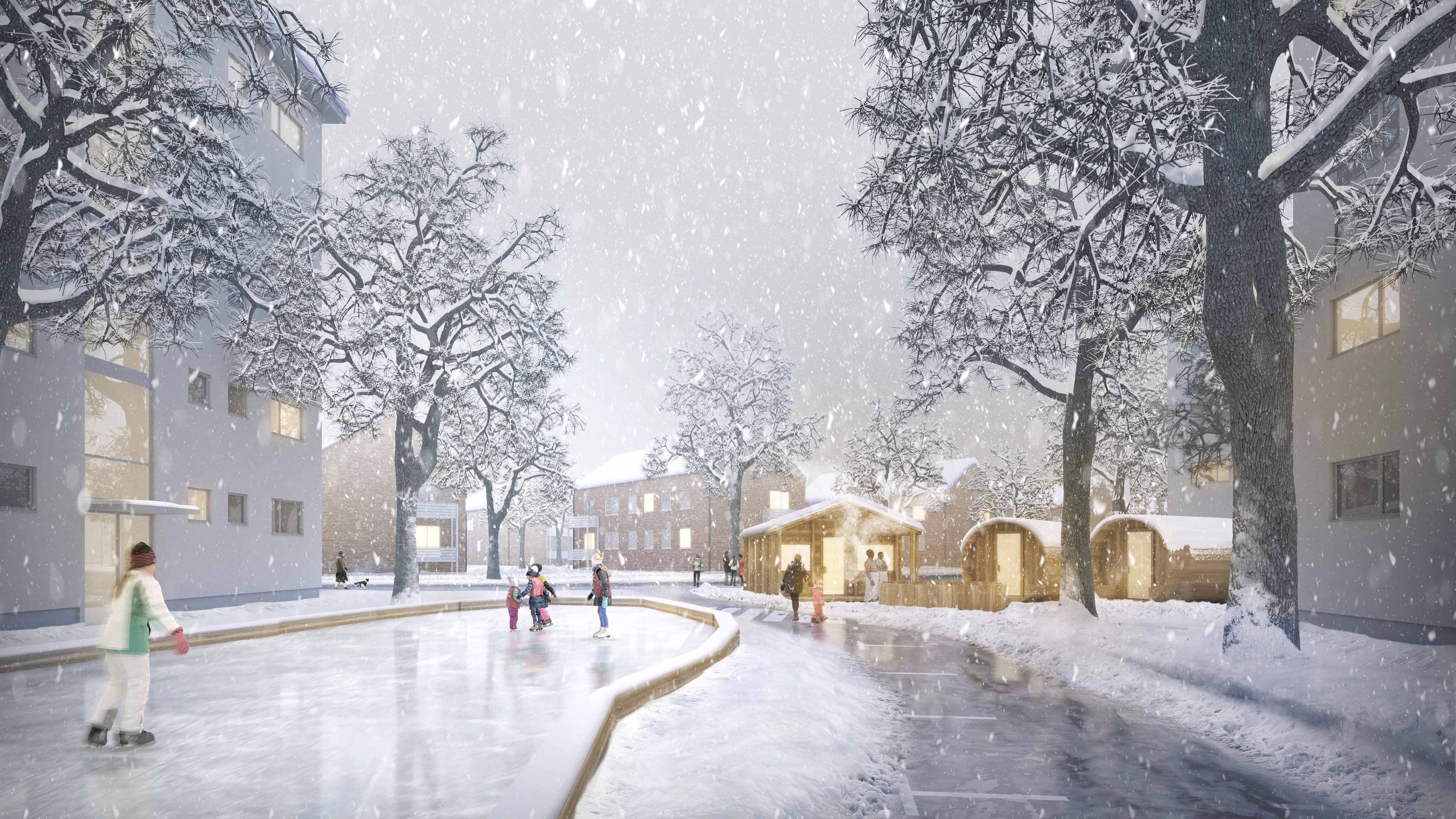 Auf diesem fiktiven Bild ist zu sehen, wie eine frühere Verkehrsfläche für Autos im Winter genutzt werden könnte. Eine Eisbahn wurde angelegt. Am Rand sind noch die früheren Parkplatzmarkierungen zu erkennen.