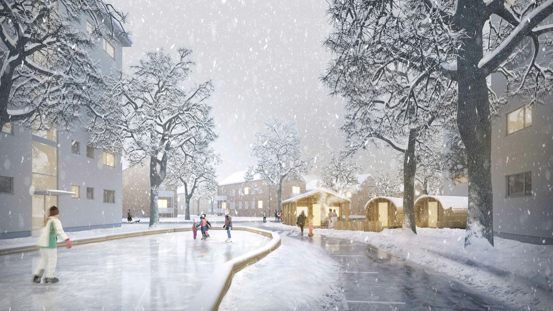 Auf diesem fiktiven Bild ist zu sehen, wie eine frühere Verkehrsfläche für Autos im Winter genutzt werden könnte. Eine Eisbahn wurde angelegt. Am Rand sind noch die früheren Parkplatzmarkierungen zu erkennen.