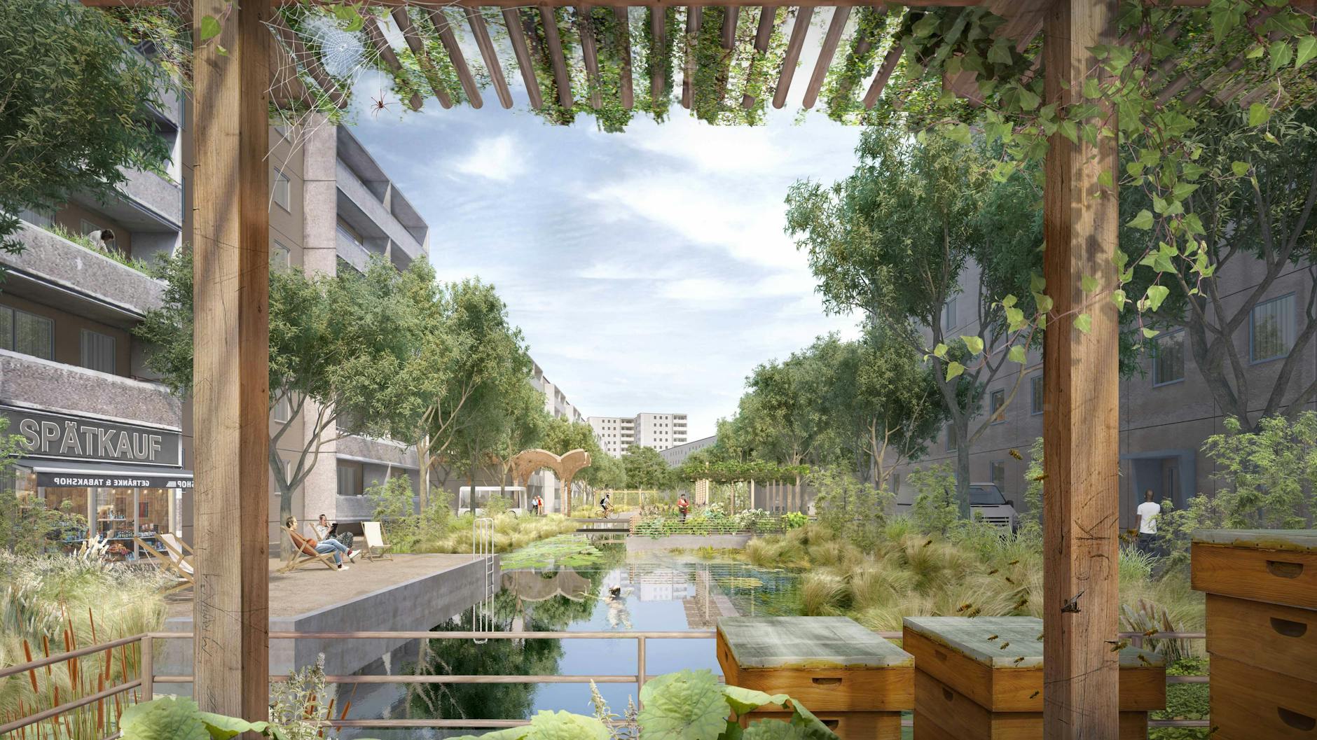 Diese Visualisierung zeigt exemplarisch, wie sich große Städte gegen die Folgen der Erderhitzung wappnen könnten. Wo sich einst Asphalt erstreckte, wurden Wasserbecken und Grünbereiche geschaffen.