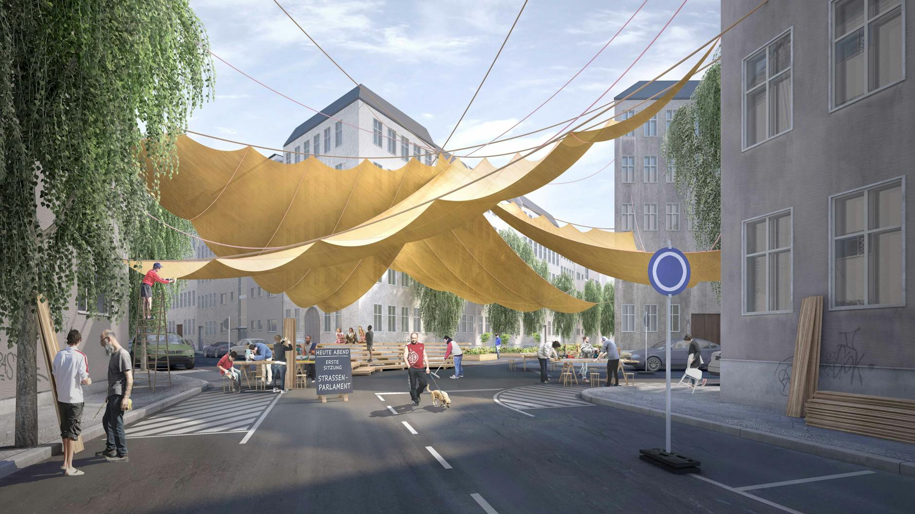 Eines der Zukunftsbilder: Eine Kreuzung in einer fiktiven Stadt ist für Kraftfahrzeuge gesperrt worden. Auf einer Tafel ist zu lesen, dass unter dem Baldachin ein „Straßenparlament“ tagen wird.