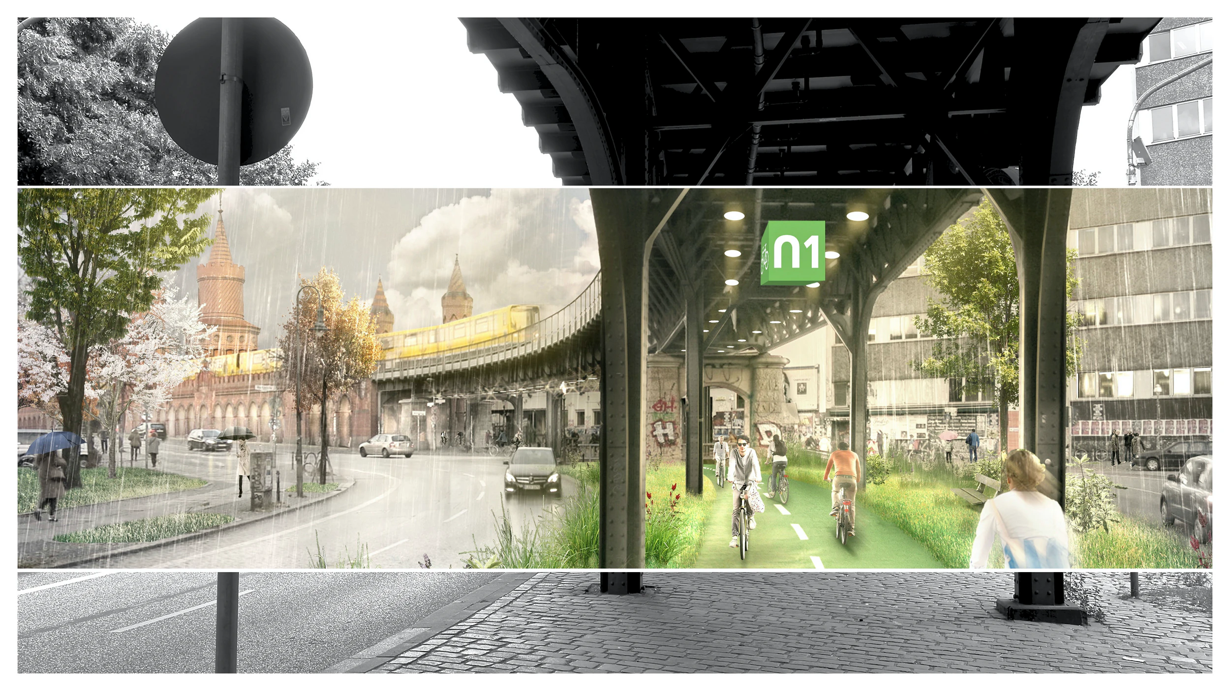Heute und morgen – der Plan für die Radbahn: So könnte es unter dem U-Bahn-Viadukt in Kreuzberg aussehen.