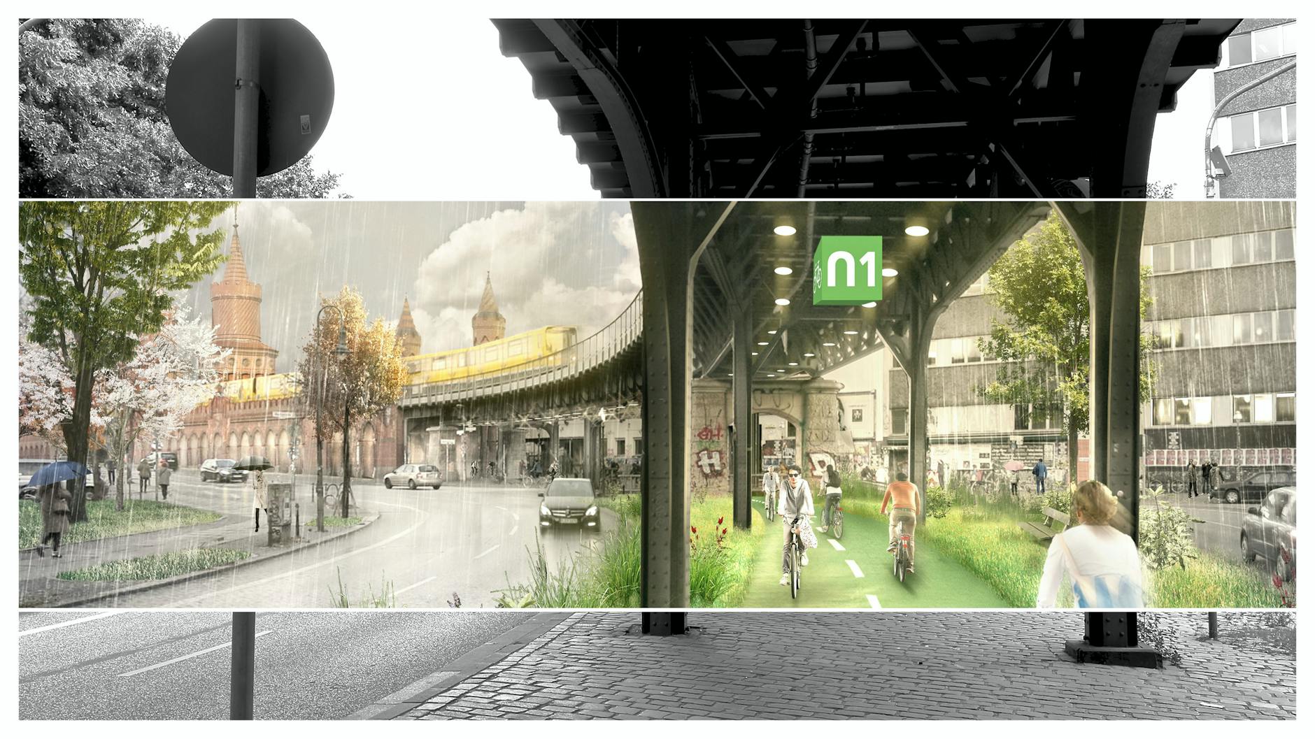 Heute und morgen – der Plan für die Radbahn: So könnte es unter dem U-Bahn-Viadukt in Kreuzberg aussehen.