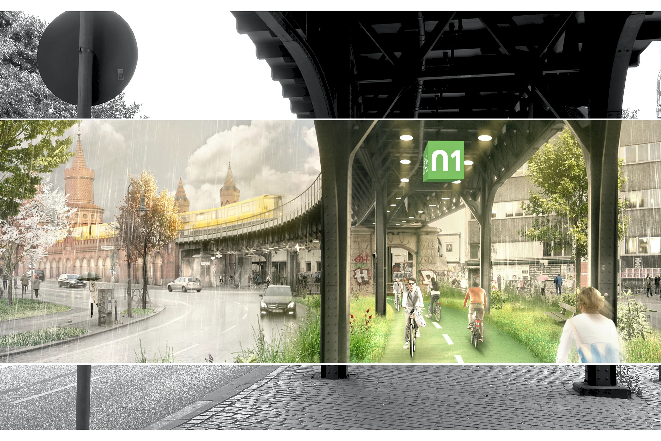 Vorher – nachher: Der Plan für die Radbahn. So könnte es unter dem U-Bahn-Viadukt in Kreuzberg aussehen.