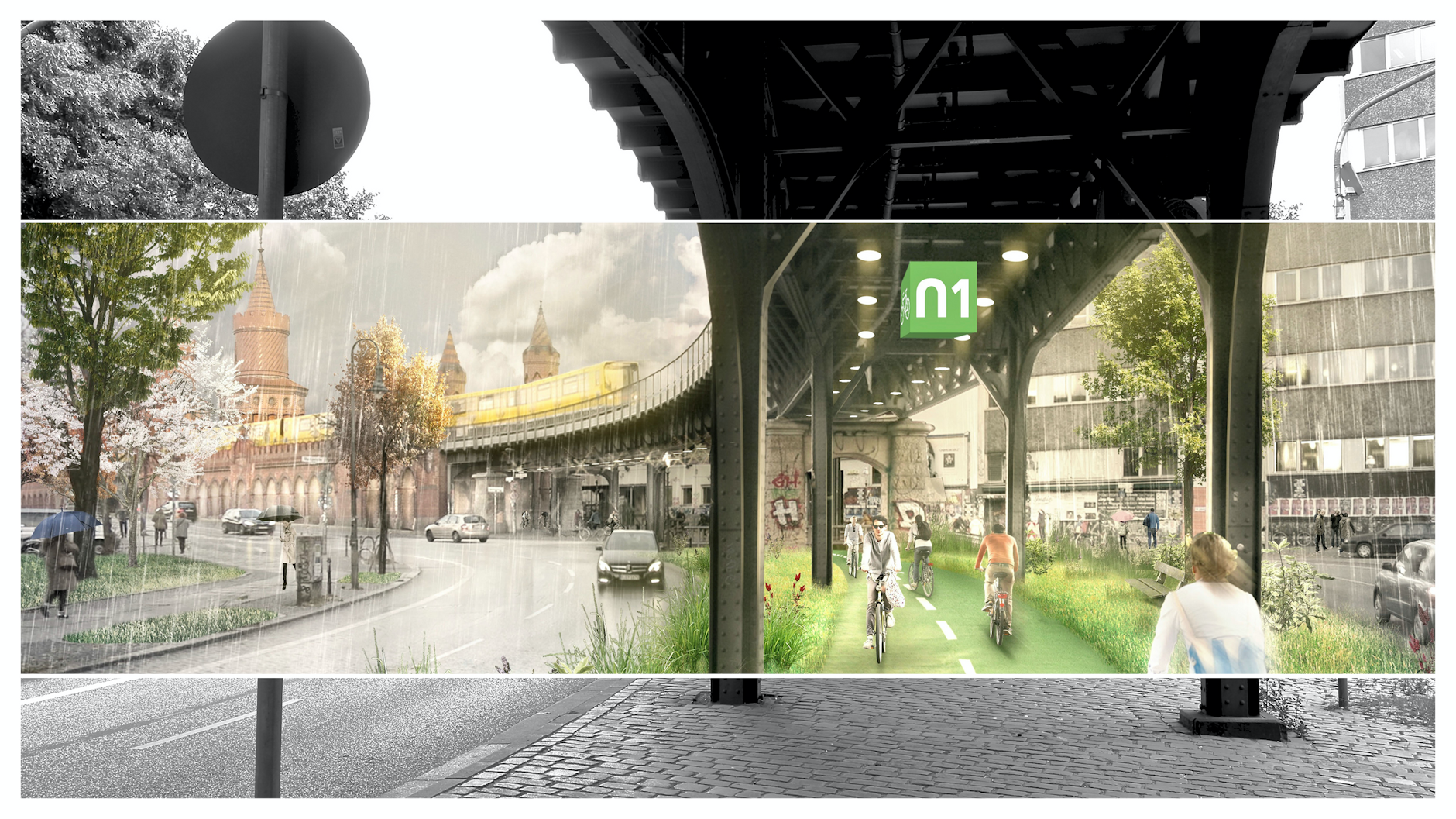 Heute und morgen – der Plan für die Radbahn: So könnte es unter dem U-Bahn-Viadukt in Kreuzberg aussehen.