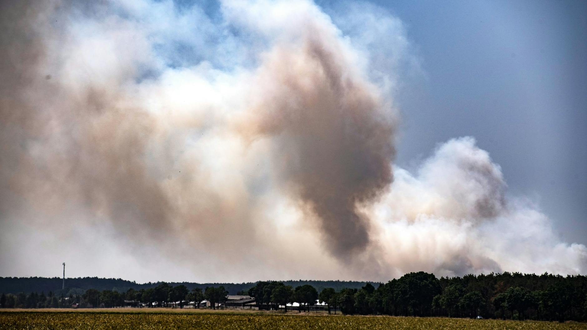 Treuenbrietzen: Eine Rauchwolke ist nahe des Ortsteils Frohnsdorf weithin zu sehen. Dort bekämpft die Feuerwehr seit Tagen einen Waldbrand.