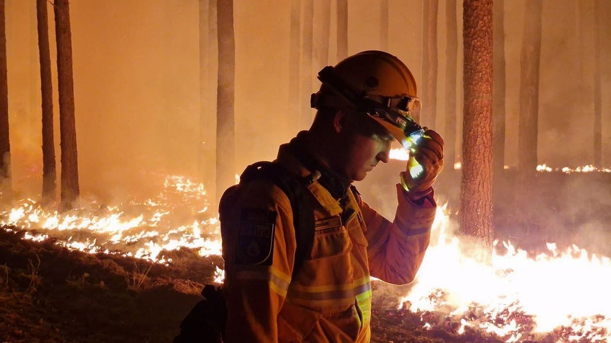 Ein Feuerwehrmann bei der Bekämpfung des Waldbrands in Beelitz