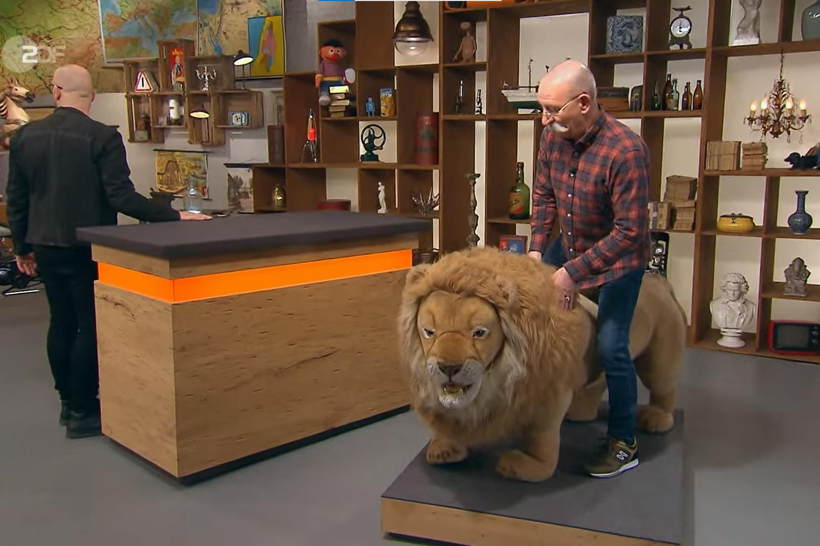 Da kann Horst nicht widerstehen und setzt sich natürlich sofort auf den Löwen drauf.