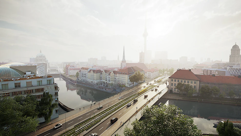 Mit diesem Entwurf für die neue Mühlendammbrücke gewannen dänische Planer den Wettbewerb des Senats. Nun steht fest, dass Autos weniger Platz erhalten als in ihrem Konzept vorgesehen ist.