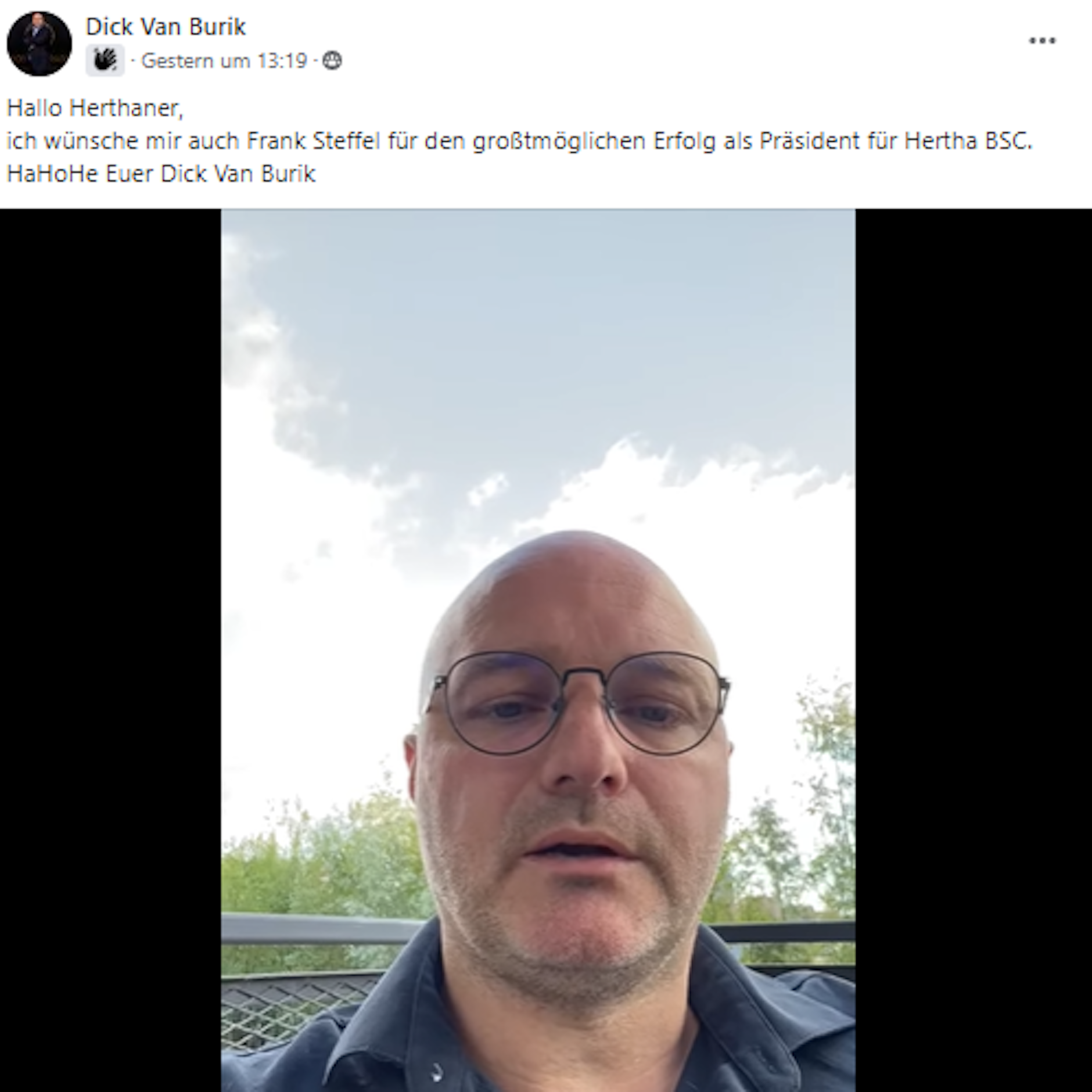 In einer Video-Botschaft auf Facebook spricht sich Ex-Profi Dick van Burik für Frank Steffel als Präsident aus.