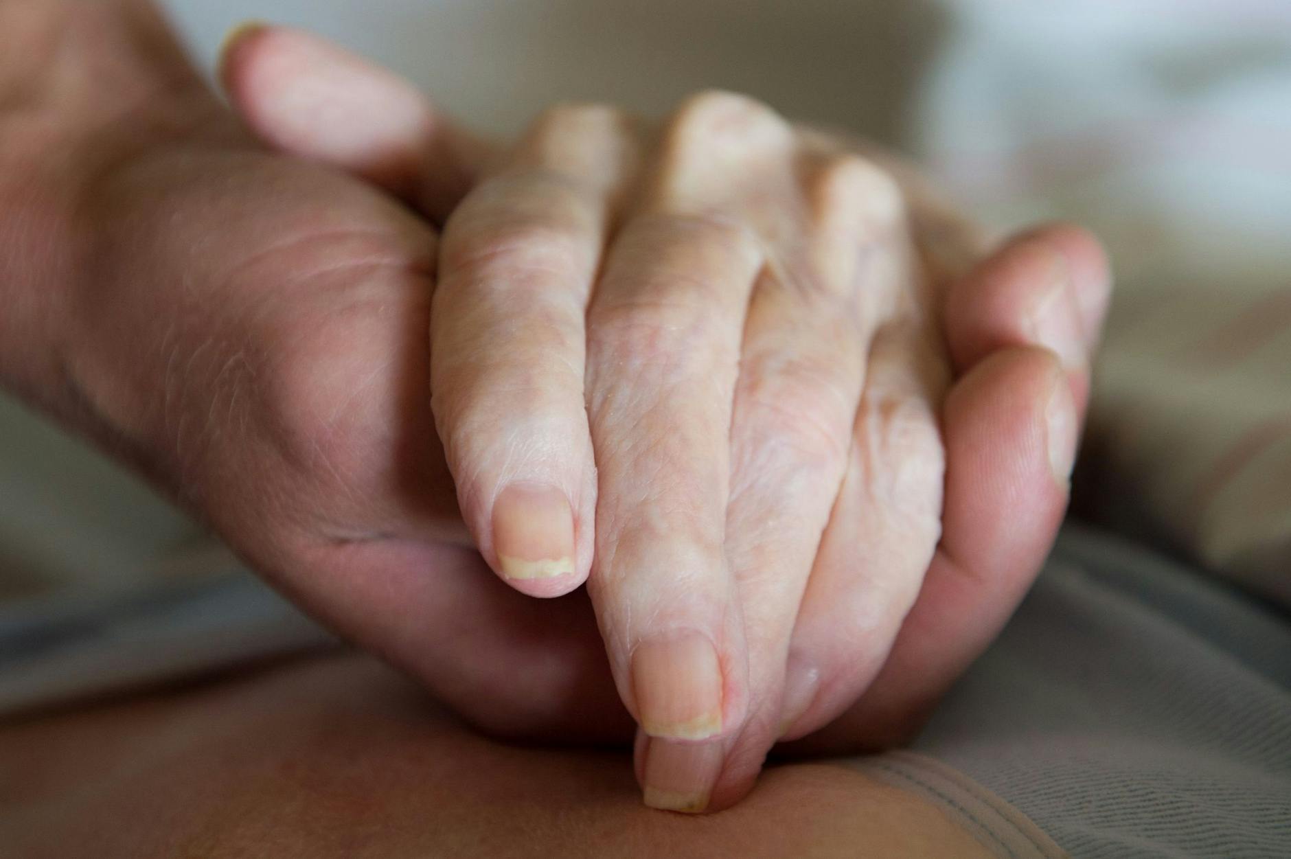ARCHIV - Ein Altenpfleger hält in einem Pflegeheim die Hand einer Frau. Der Bundestag hat sich mit konkreten Vorschlägen zur Regelung der Sterbehilfe in Deutschland befasst.