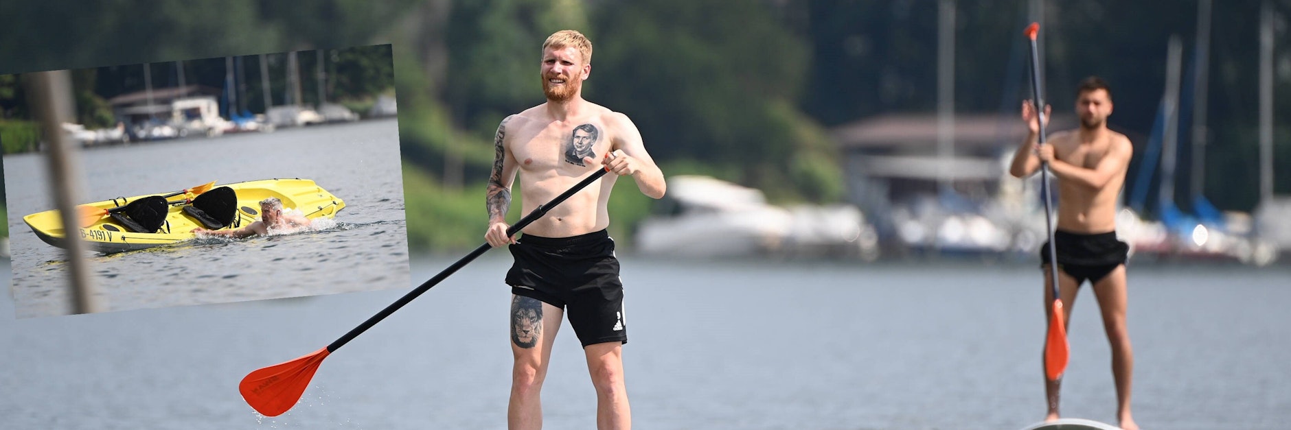 Andreas Voglsammer und Neuzugang Milos Pantovic (r.) schauten vom Stand-up-Paddle-Board Union-Trainer Urs Fischer beim Baden zu.