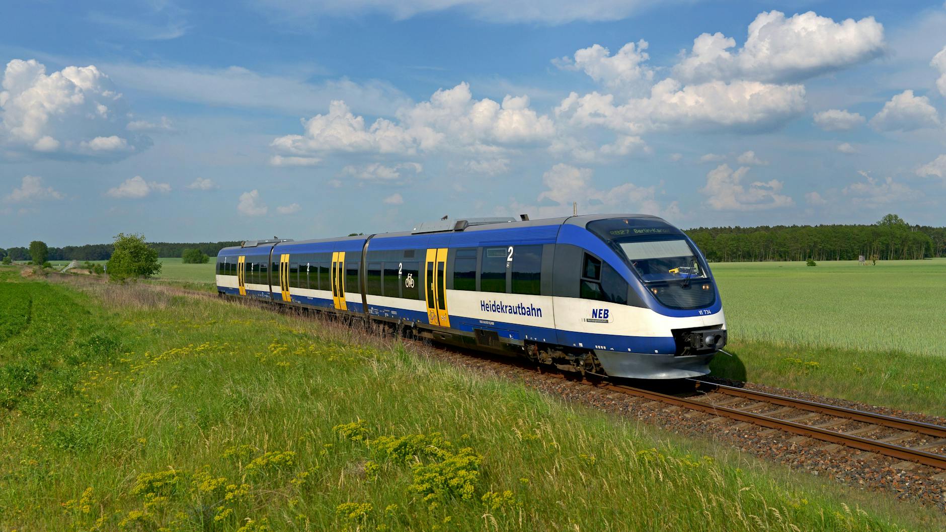 Mit Diesel betrieben, aber dreiteilig: ein Dieseltriebwagen vom Typ Talent nordöstlich von Berlin. Mit solchen Fahrzeugen wird der Betrieb auf der Heidekrautbahn seit zwei Jahrzehnten abgewickelt. 2024 soll Schluss sein.