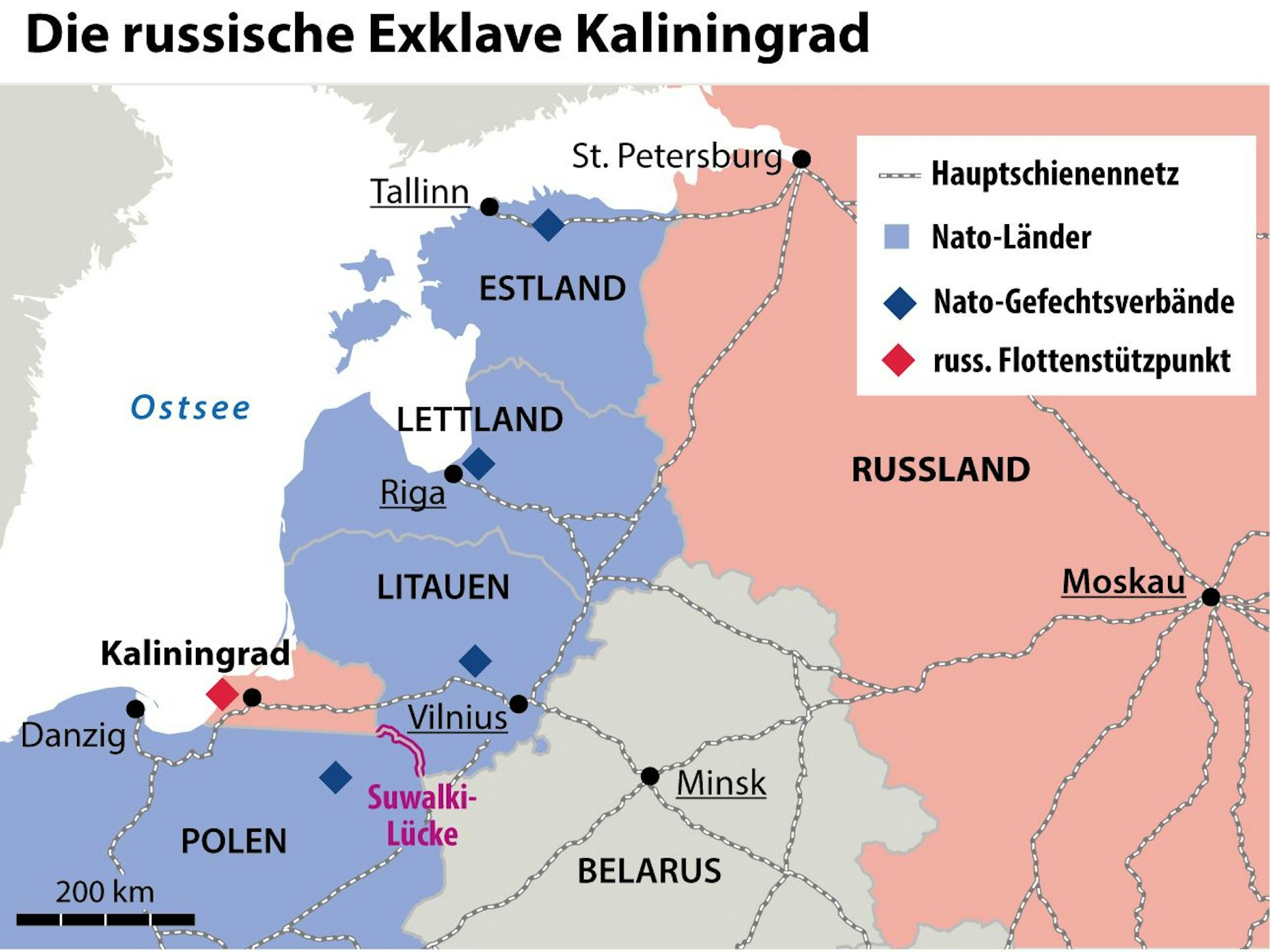 Die sogenannte Nordostflanke der Nato: Die rote Doppel-Linie zeigt die Suwalki-Lücke entlang der polnisch-litauischen Grenze.