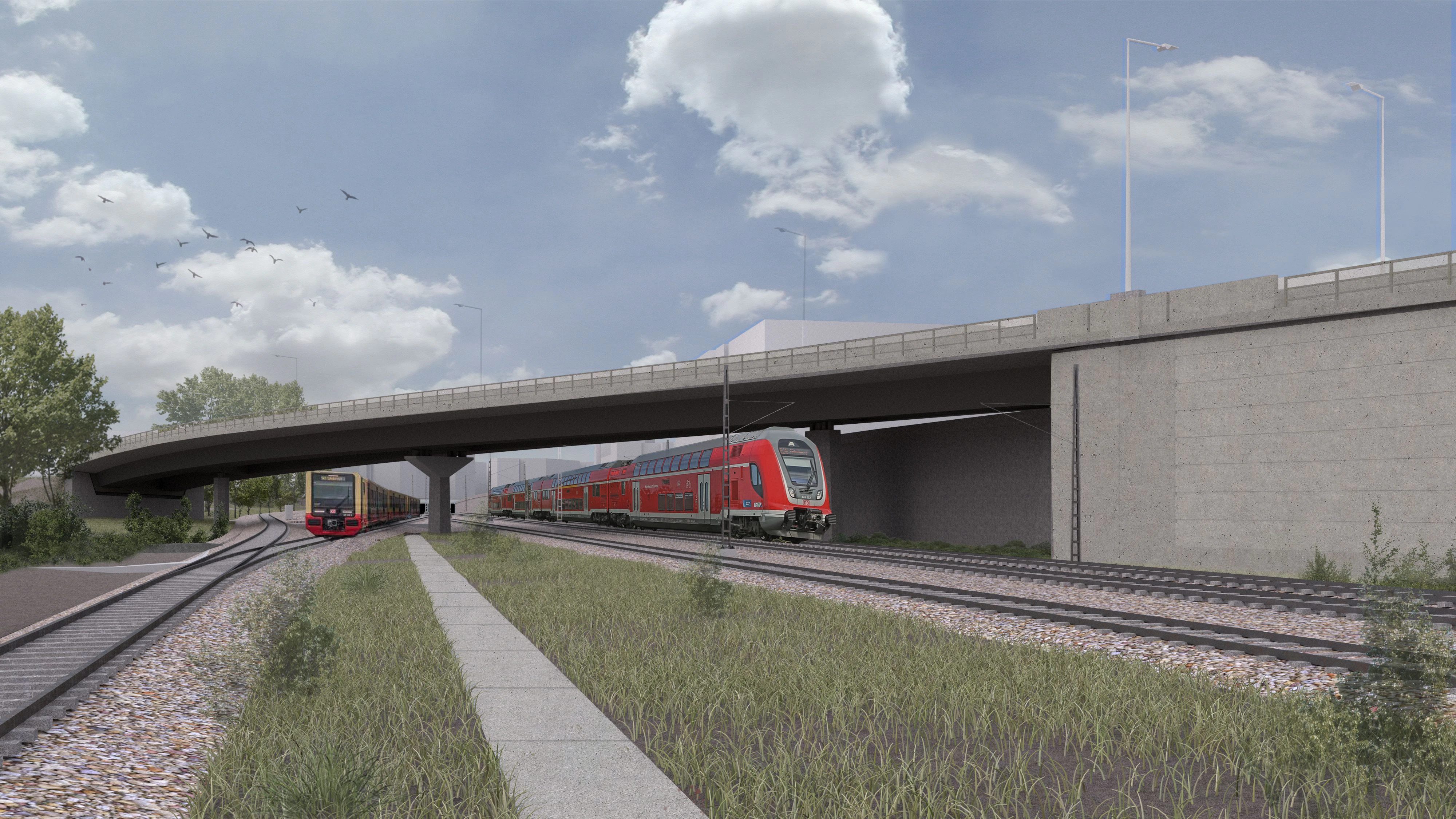 So soll die neue Westendbrücke in Charlottenburg aussehen. Wie sein Vorgänger wird das Betonbauwerk die A100 in Richtung Norden über die Gleise der S- und Fernbahn hinwegführen. Es wird aber kürzer ausfallen.