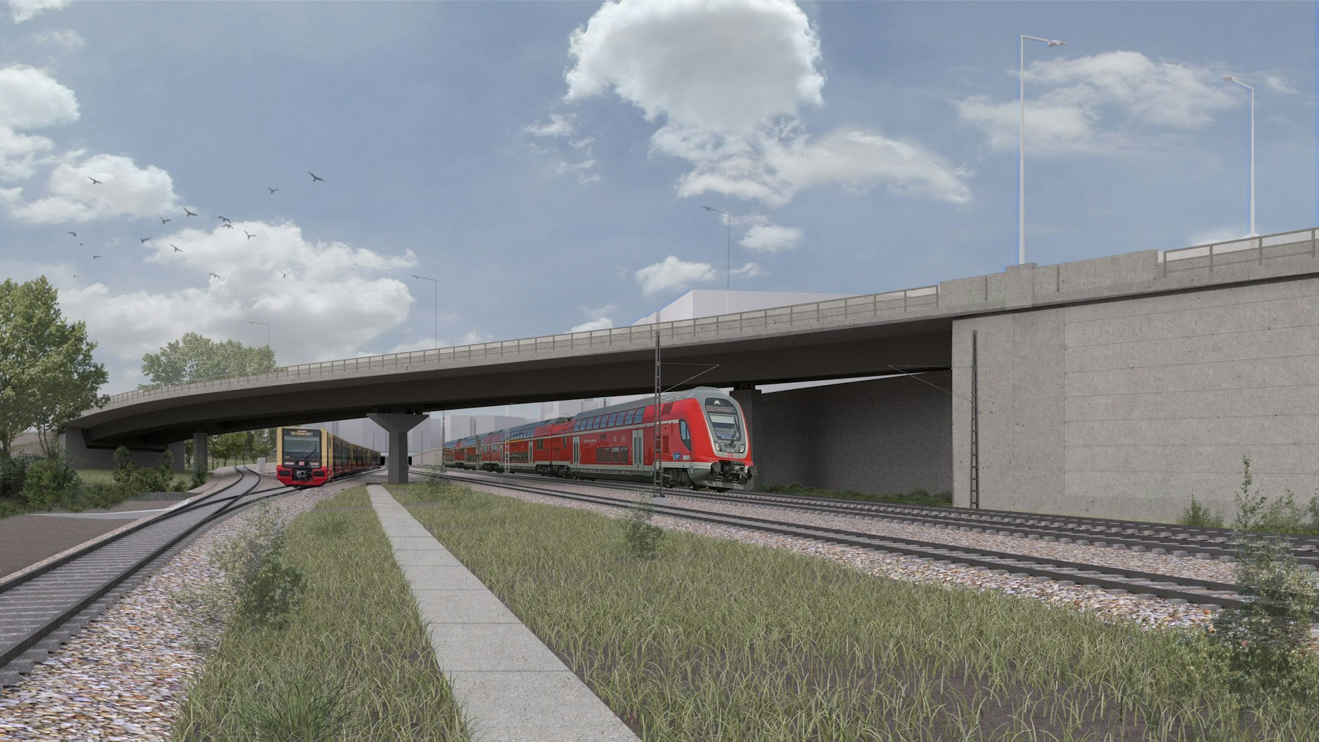 So soll die neue Westendbrücke in Charlottenburg aussehen. Wie sein Vorgänger wird das Betonbauwerk die A100 in Richtung Norden über die Gleise der S- und Fernbahn hinwegführen. Es wird aber kürzer ausfallen.