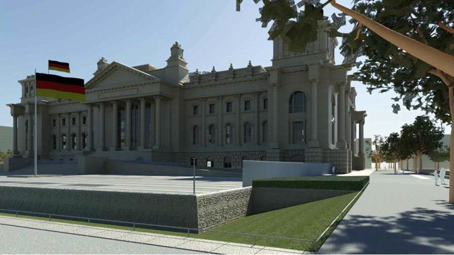 So soll der Sicherheitsbereich vor dem Reichstagsgebäude abgeschirmt werden: mit einem schräg abfallenden Graben sowie, auf beiden Seiten des Platzes der Republik, einem 2,50 Meter hohen und 55 Meter langen Zaun.