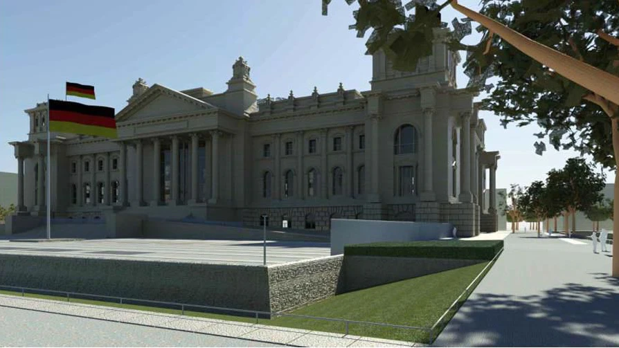 So soll der Sicherheitsbereich vor dem Reichstagsgebäude abgeschirmt werden: mit einem schräg abfallenden Graben sowie, auf beiden Seiten des Platzes der Republik, einem 2,50 Meter hohen und 55 Meter langen Zaun.