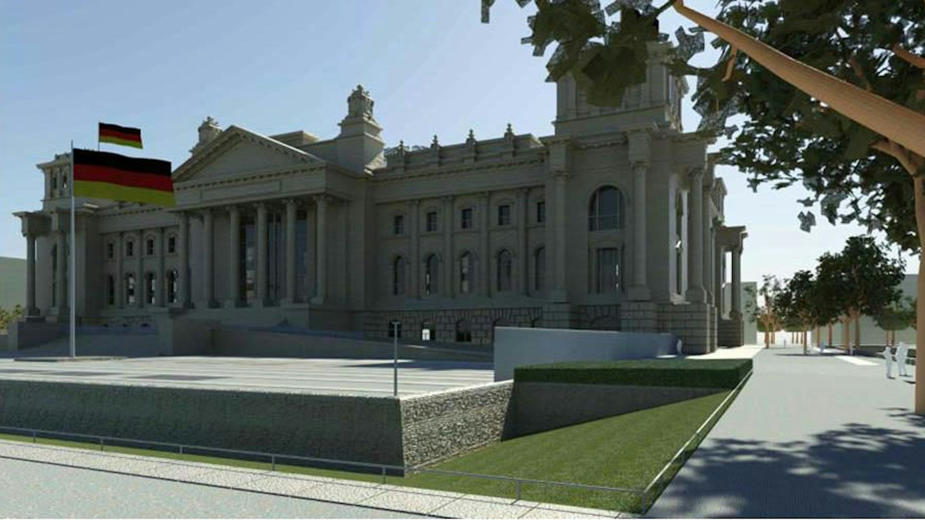 So soll der Sicherheitsbereich vor dem Reichstagsgebäude abgeschirmt werden: mit einem schräg abfallenden Graben sowie, auf beiden Seiten des Platzes der Republik, einem 2,50 Meter hohen und 55 Meter langen Zaun.